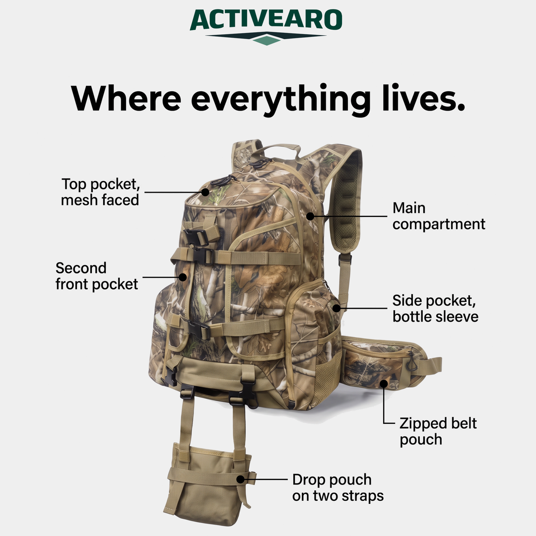 Labelled anatomy of the camo hunting backpack showing where every pocket sits