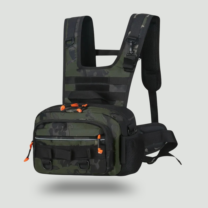 Men's Hands-Free Chest Pack – MOLLE Fishing and Hiking Rig with Multiple Zippered Pockets
