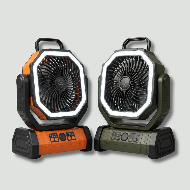 Camping Fan with Light & Power Bank – 3-in-1 Rechargeable Outdoor Fan