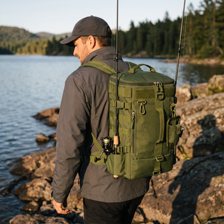 Tactical Fishing Backpack with Rod Holders and MOLLE System for Hunting and Fishing