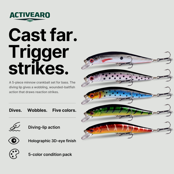 5-Piece Minnow Crankbait Lure Set – Bass Freshwater Saltwater