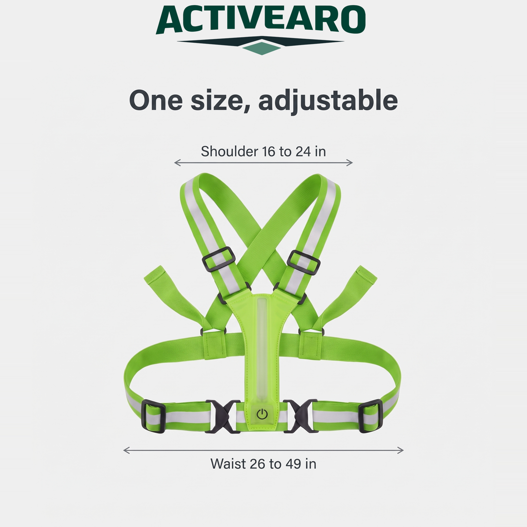 Reflective vest size range, shoulder 16 to 24 in and waist 26 to 49 in