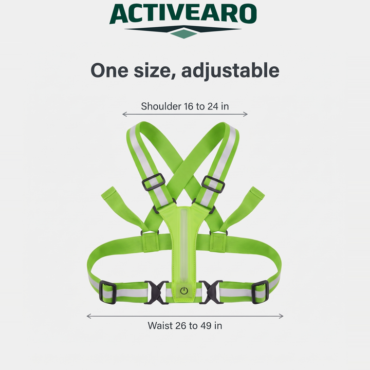 Reflective vest size range, shoulder 16 to 24 in and waist 26 to 49 in