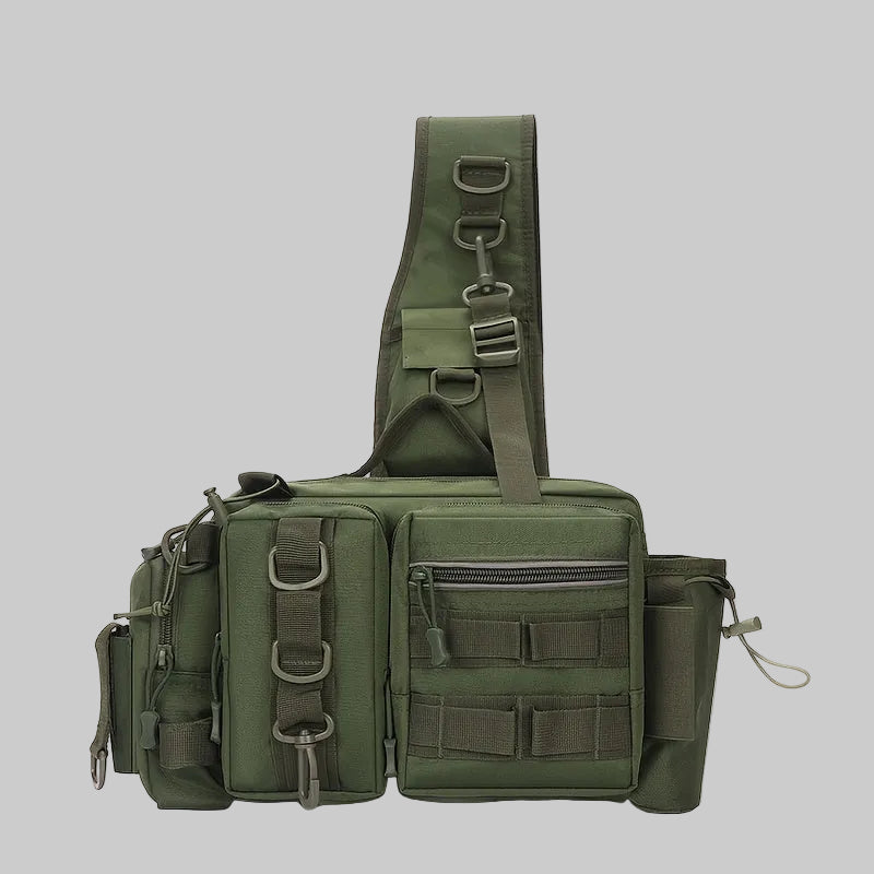 Green tactical sling bag with multiple pockets and straps on a white background