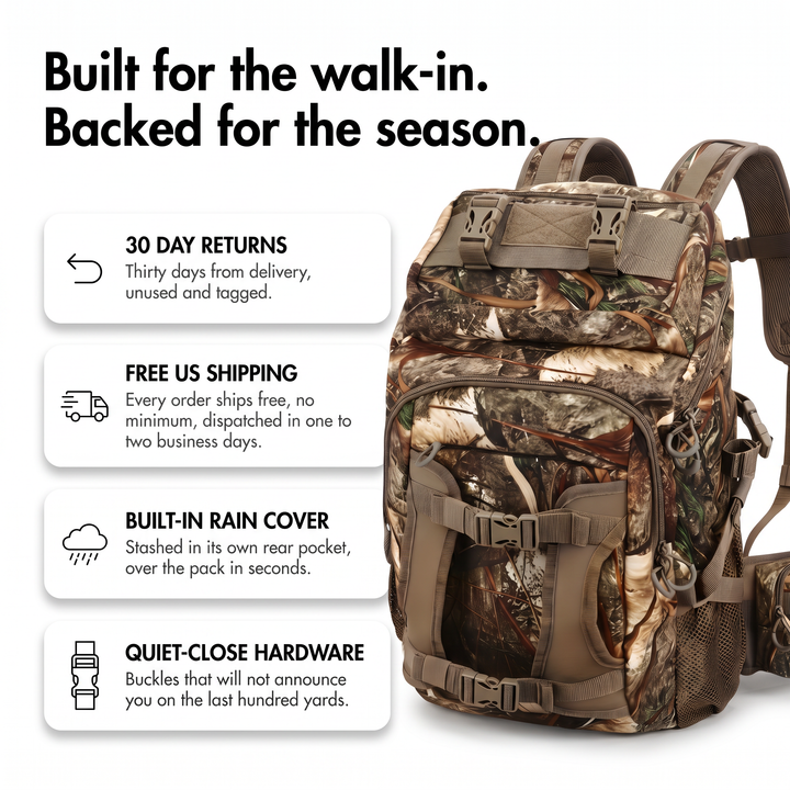 30 day returns, free US shipping, built-in rain cover, quiet-close hardware