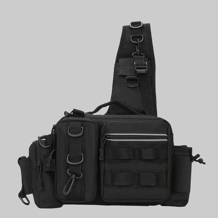 Black tactical shoulder bag on a white background