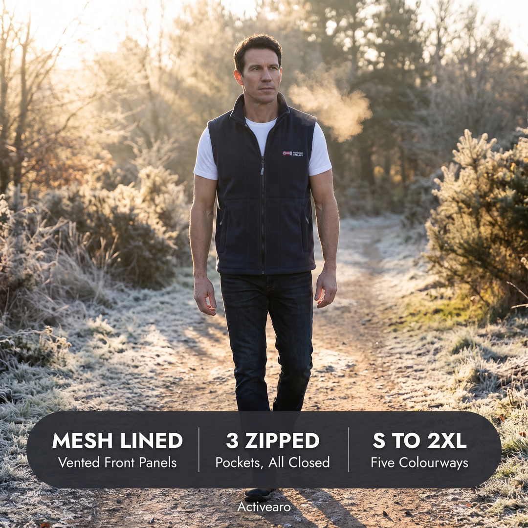 Mesh lined vented front panels, three zipped pockets, sizes S to 2XL