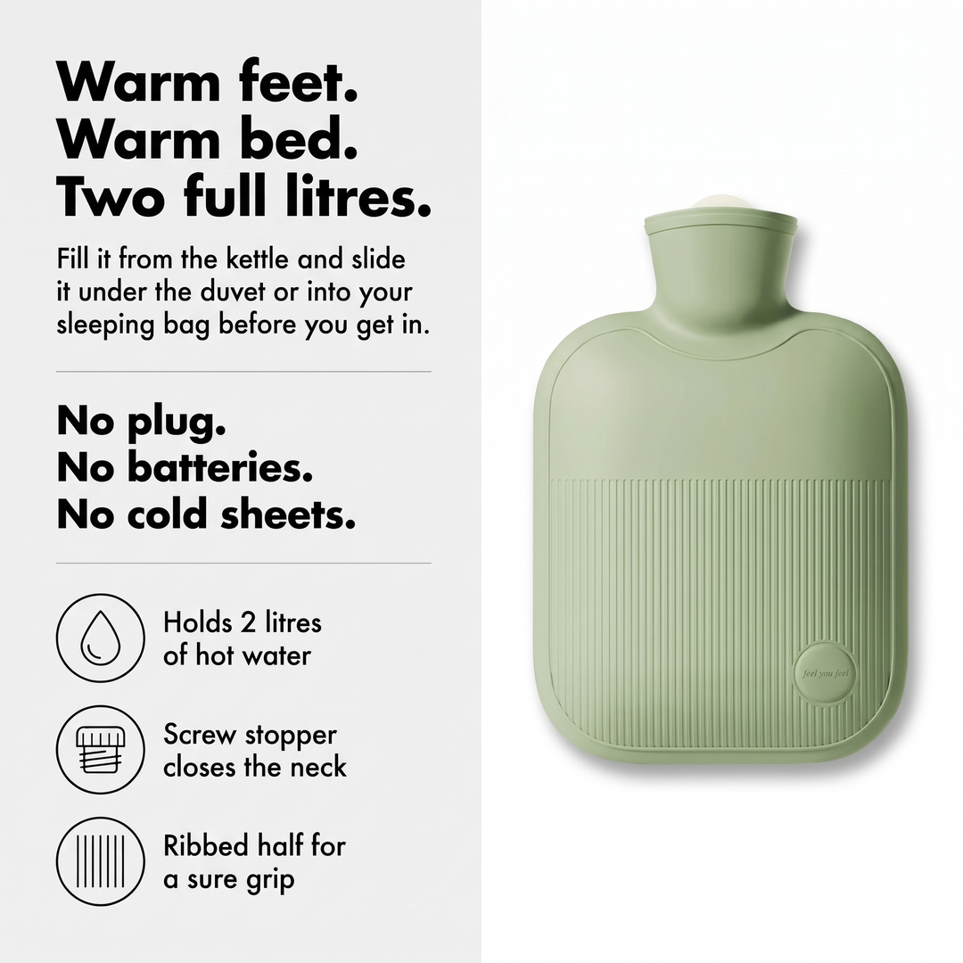 Hot water bottle infographic: warm feet, warm bed, two full litres