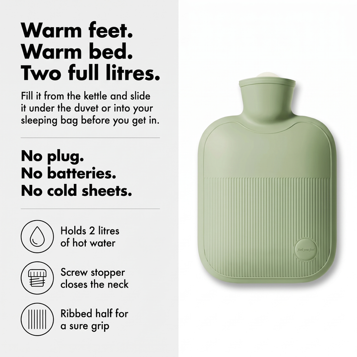 Hot water bottle infographic: warm feet, warm bed, two full litres