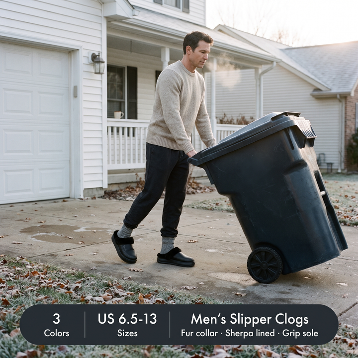 Man rolling the trash can down the driveway in the black slipper clogs