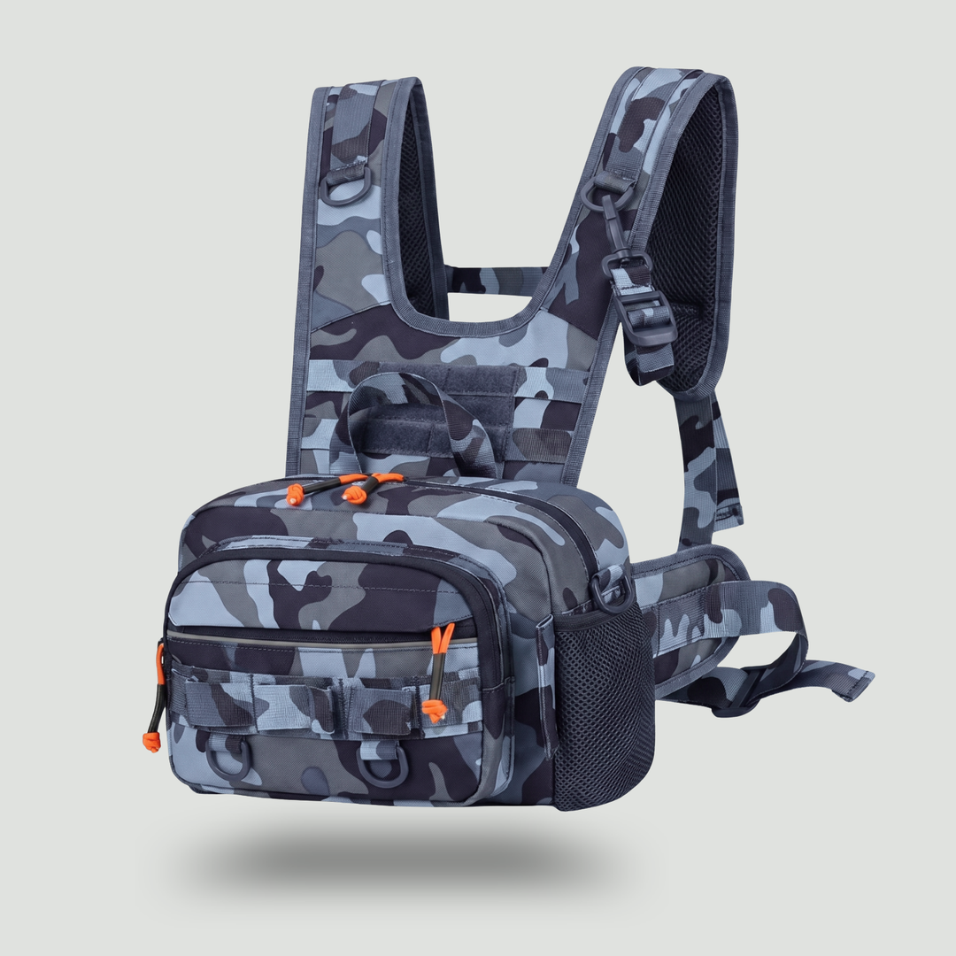 Men's Hands-Free Chest Pack – MOLLE Fishing and Hiking Rig with Multiple Zippered Pockets
