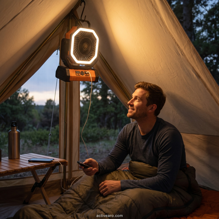 Camping Fan with Light & Power Bank – 3-in-1 Rechargeable Outdoor Fan
