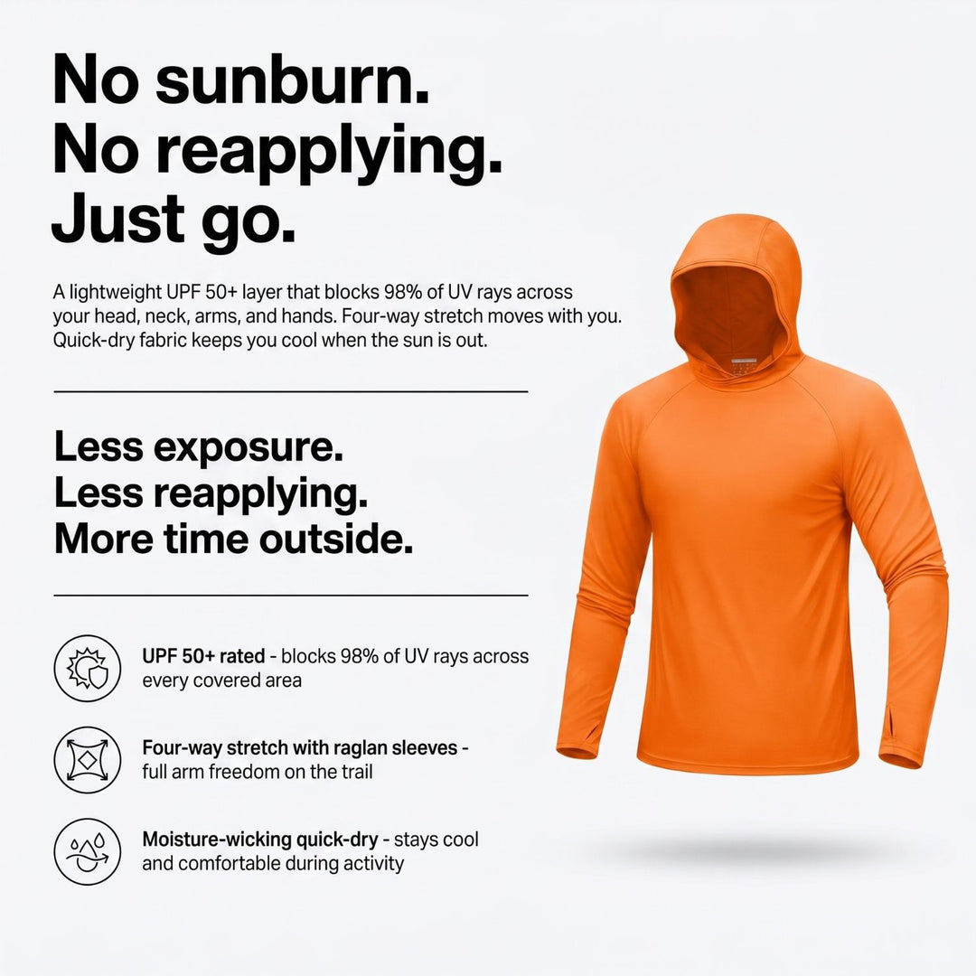 Men's UPF 50+ Sun Hoodie – Quick-Dry Polyester UV Top with Thumb Loops for Hiking and Fishing