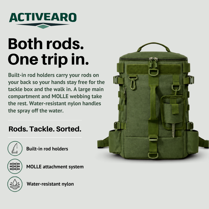 Tactical Fishing Backpack with Rod Holders and MOLLE System for Hunting and Fishing