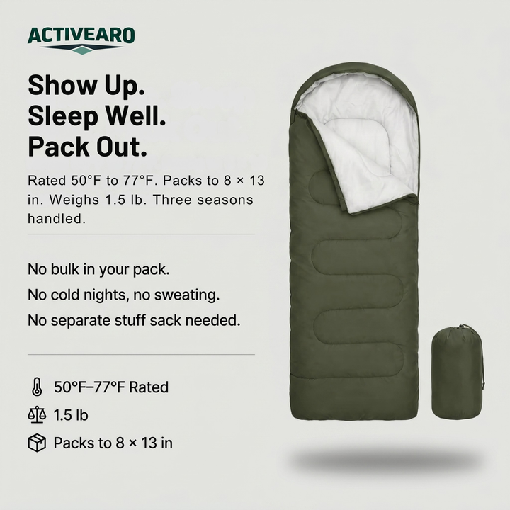 Camping Sleeping Bag 50°F to 77°F – Lightweight 3-Season Pack for Backpacking