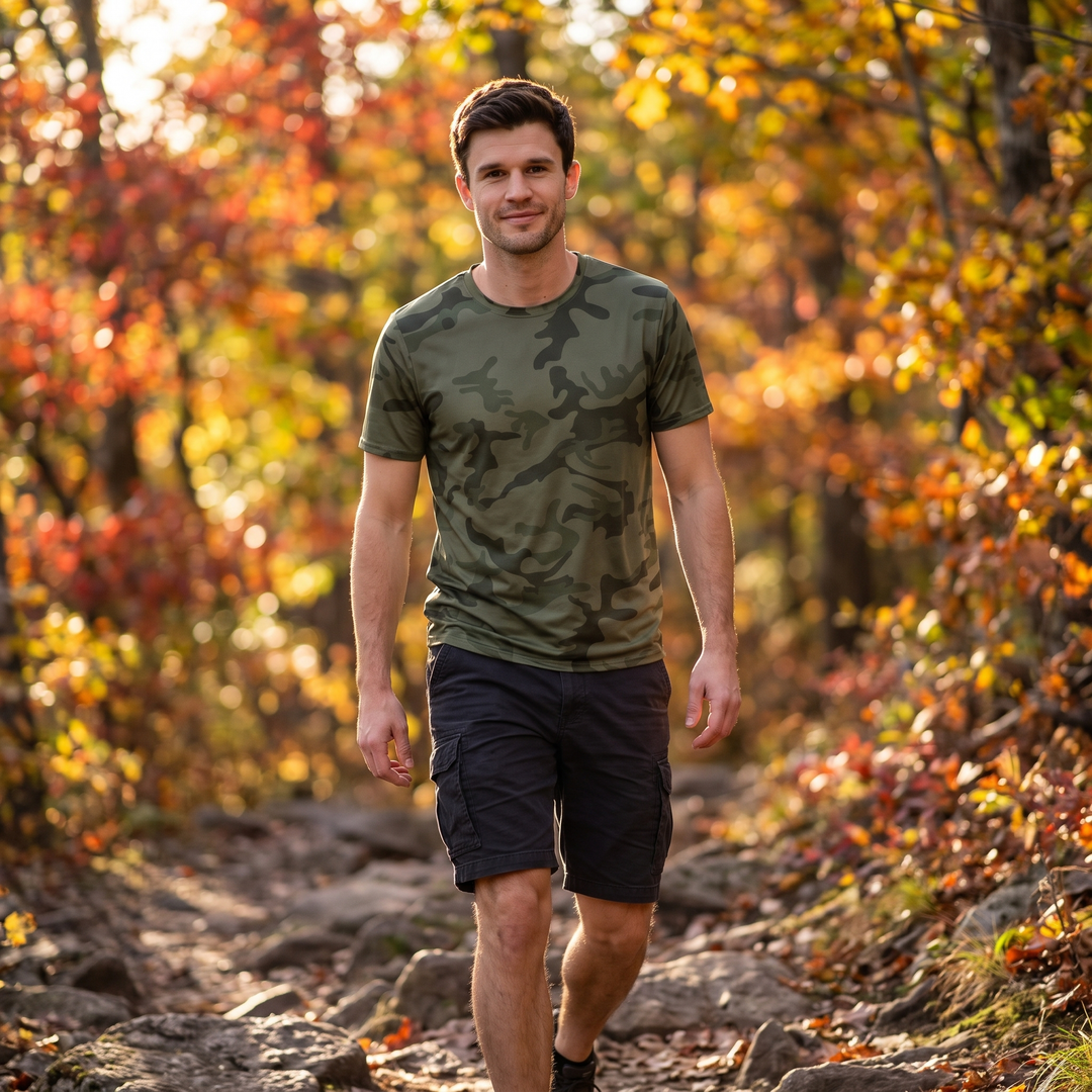 Men's Army Green Camo T-Shirt - man hiking rocky trail in autumn forest United States