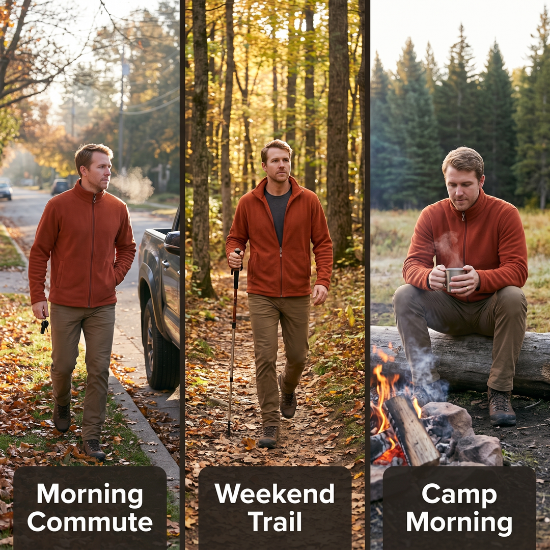 Men's fleece zip up jacket - lifestyle triptych: commute, trail, camp