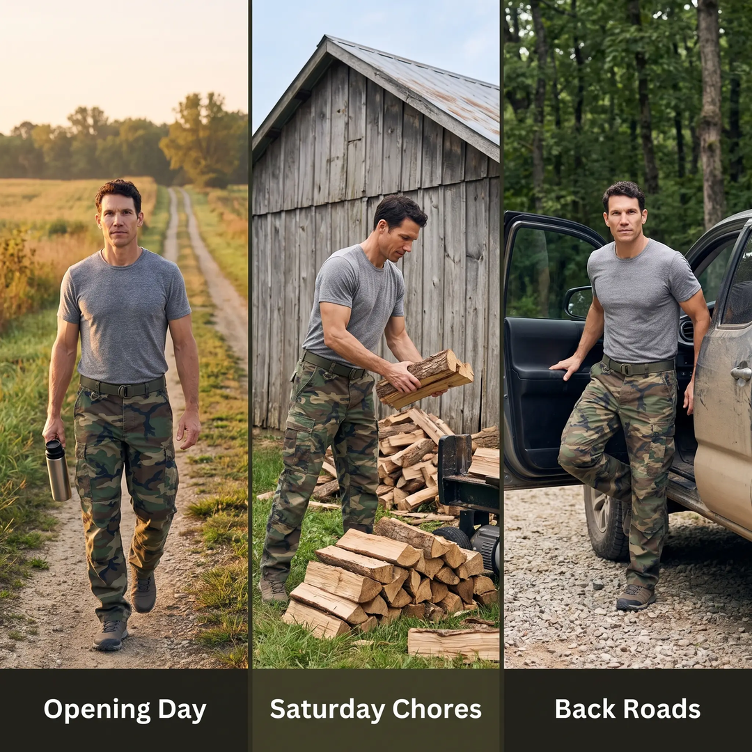 Men's camo cargo pants for opening day, Saturday chores and back roads
