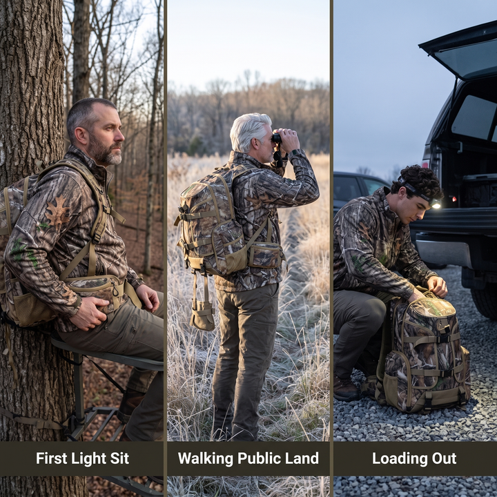 Three uses for the camo hunting pack: a first light sit, walking public land, and loading out