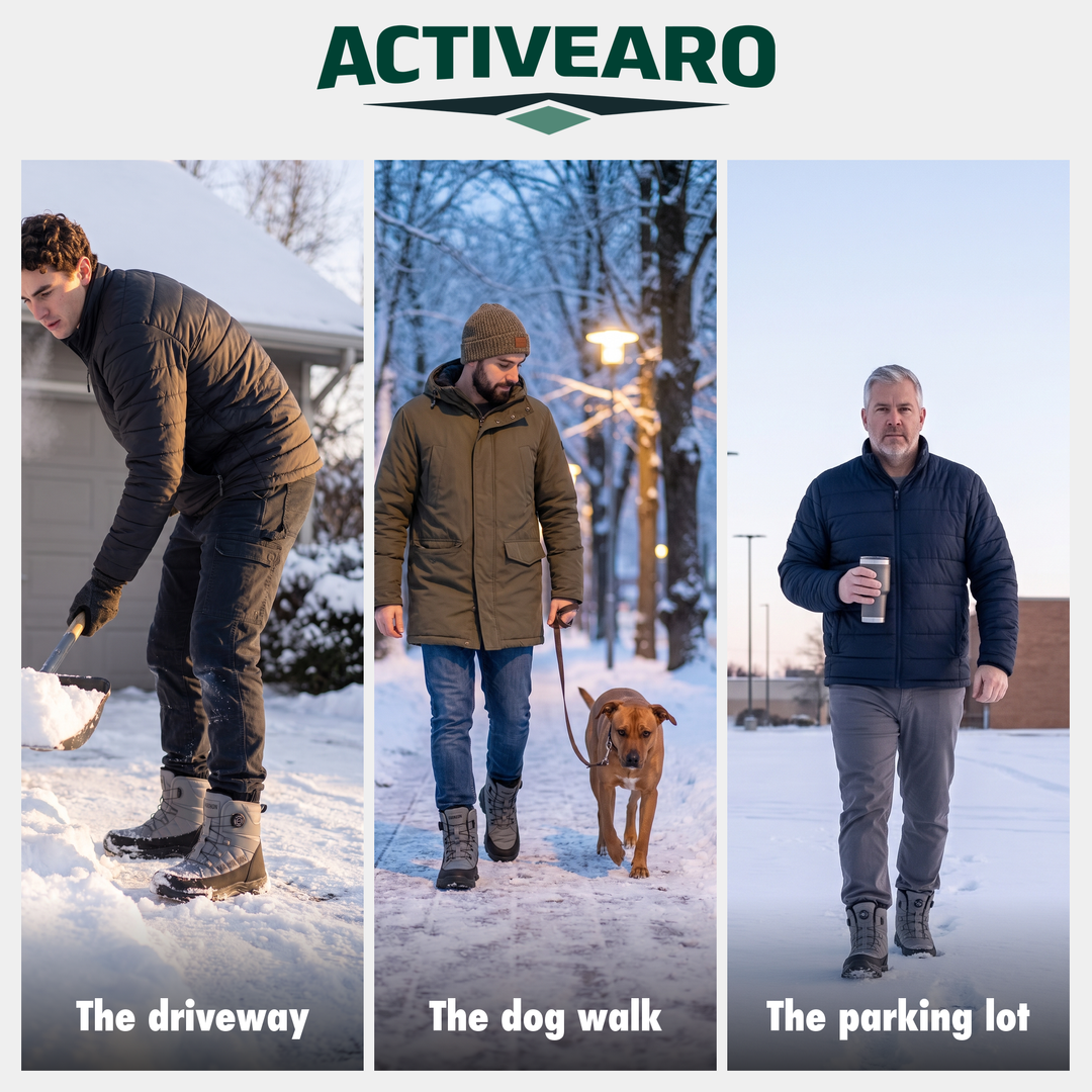 Snow boots on the driveway, on a dog walk and in a parking lot