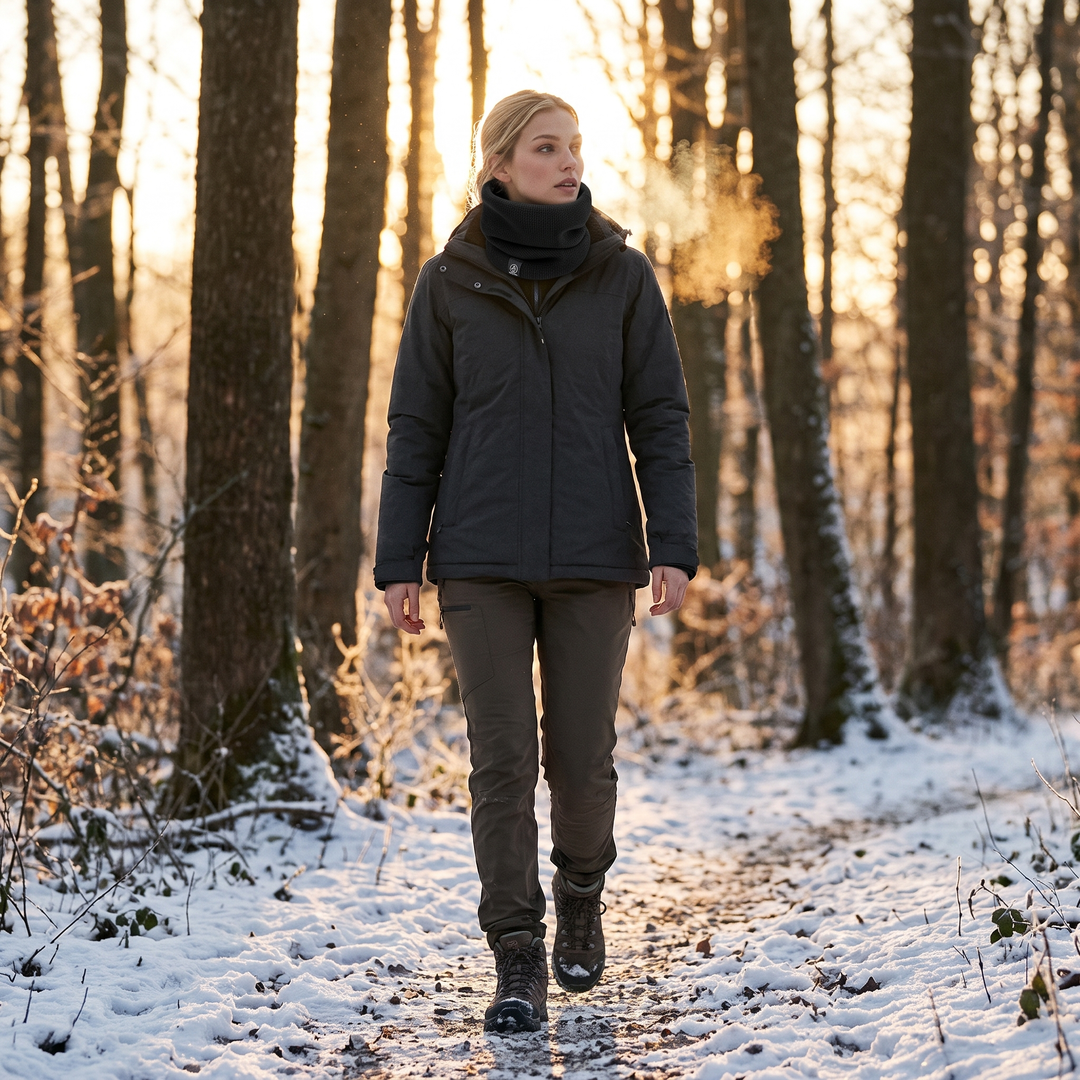 Woman hiking in winter wearing black fleece lined neck gaiter
