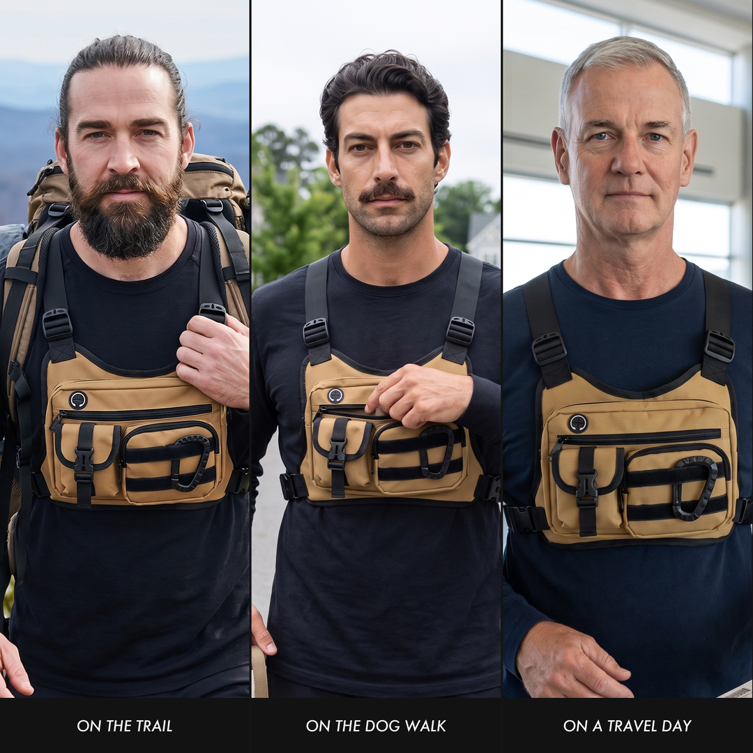 Three people wearing the chest bag, hiking, dog walking and travel