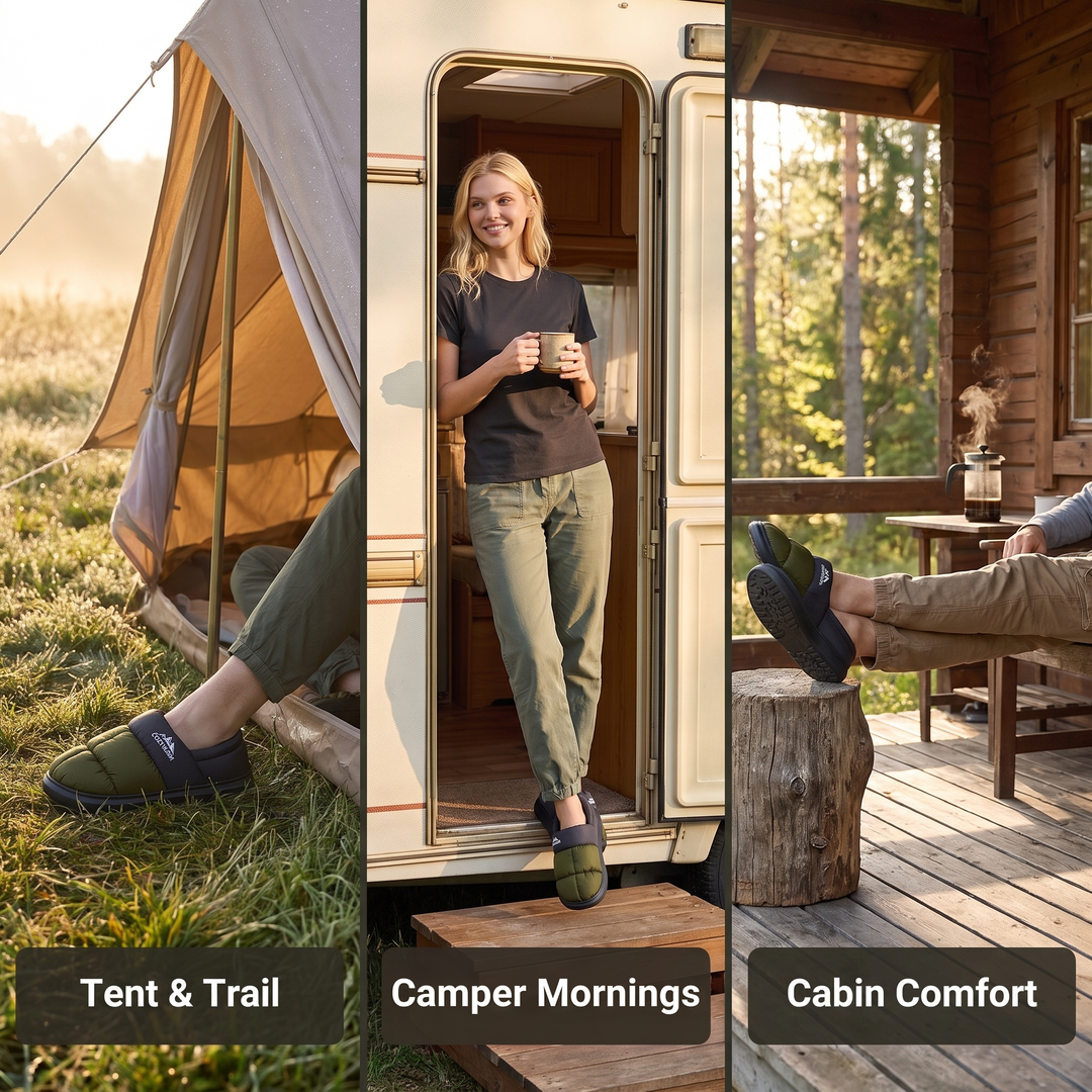 Tent, camper and cabin mornings in fleece-lined camp slippers - single label