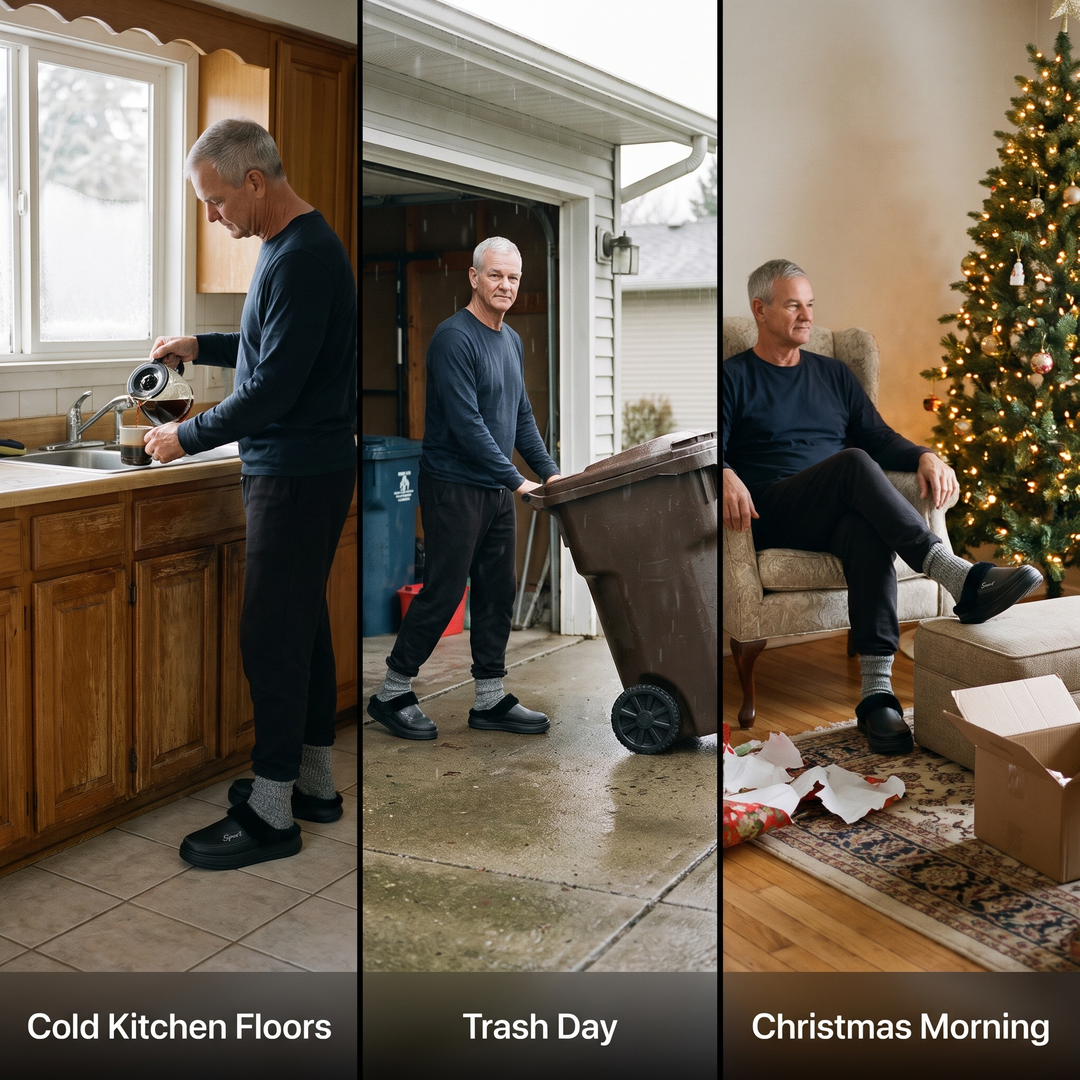 Slipper clogs on a cold kitchen floor, on trash day and on Christmas morning