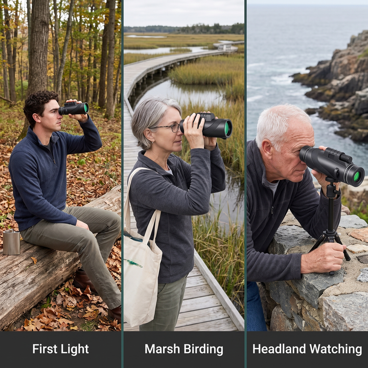 Three different people using the 10x50 monocular: first light, marsh birding, headland watching