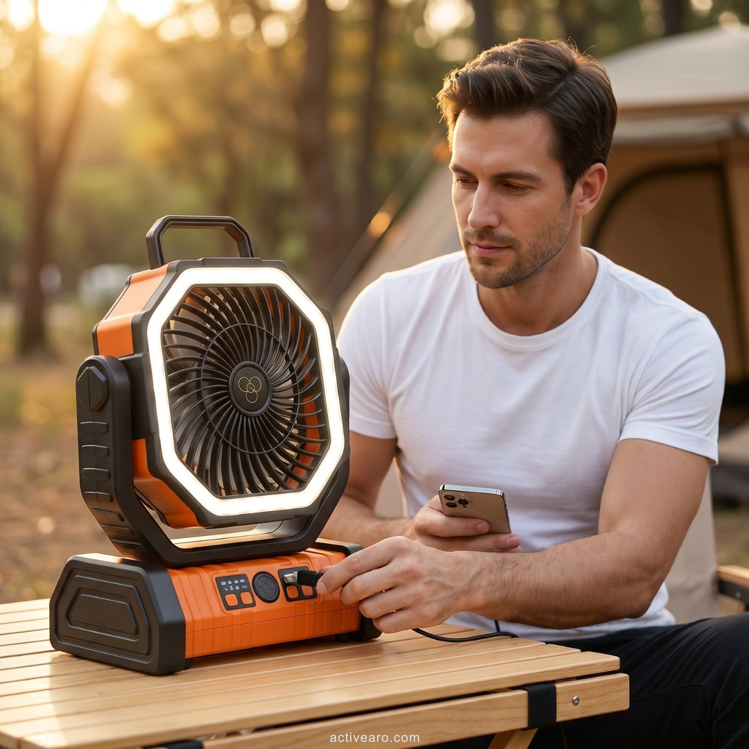 Camping Fan with Light & Power Bank – 3-in-1 Rechargeable Outdoor Fan