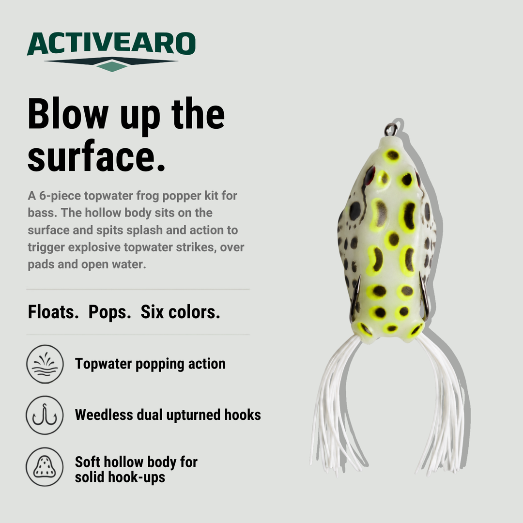 Topwater Frog Lures - 6-Piece Popping Bait Kit for Bass Fishing