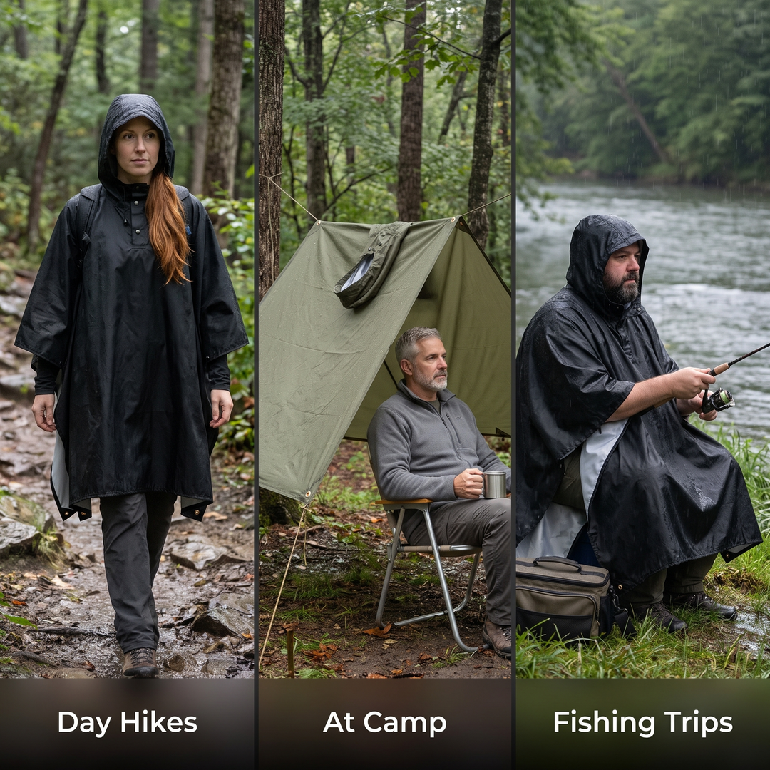 The poncho on a day hike, pitched as a tarp at camp, and on a fishing trip