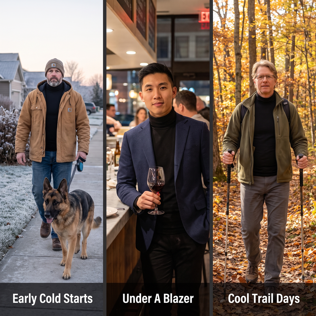 The turtleneck worn for early cold starts, under a blazer and on a trail