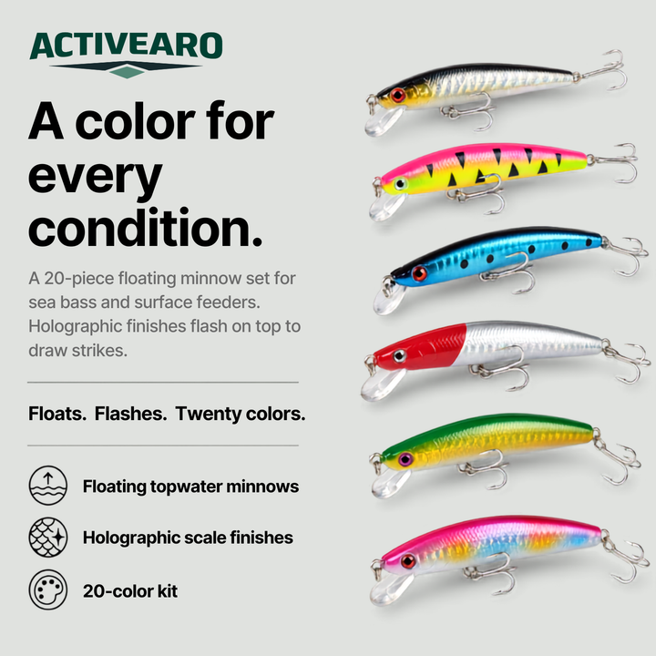 20-Piece Floating Minnow Lure Set – Topwater Hard Baits – Sea Bass