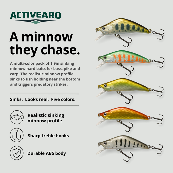 Sinking Minnow Lures - 1.9in Hard Bait Treble Hooks for Bass and Pike