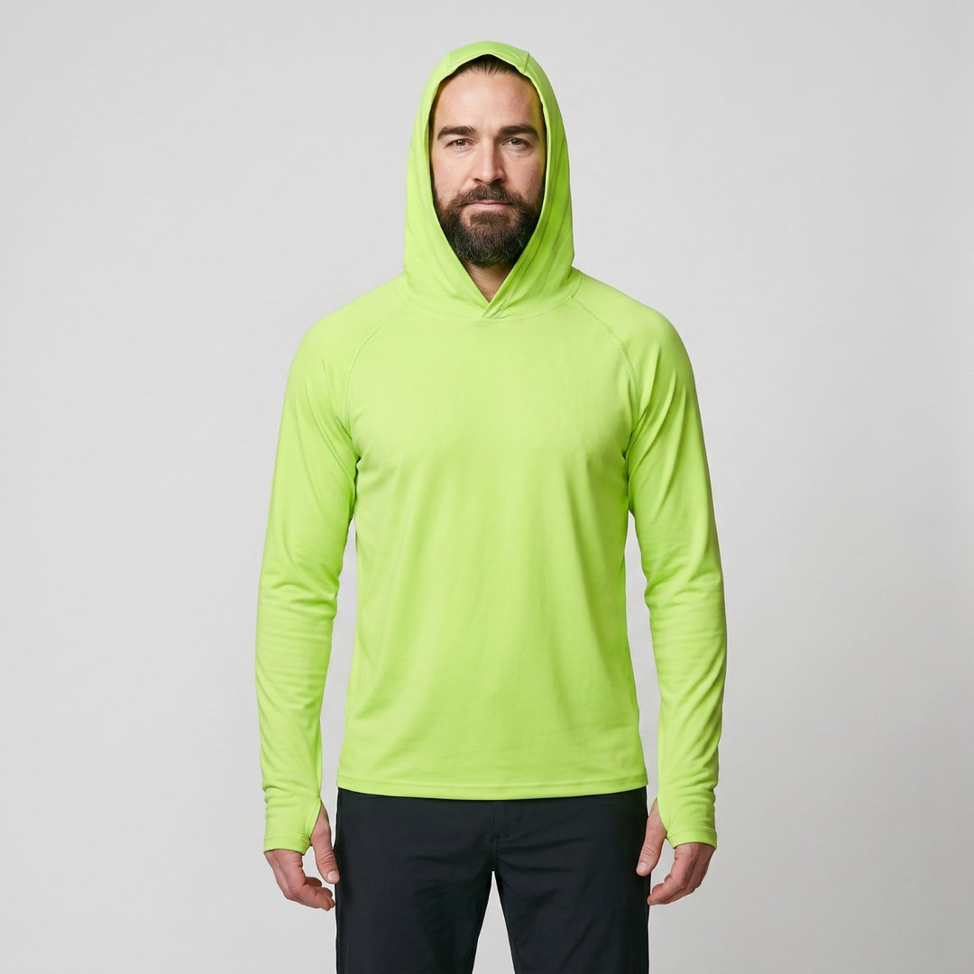 Men's UPF 50+ Sun Hoodie – Quick-Dry Polyester UV Top with Thumb Loops for Hiking and Fishing