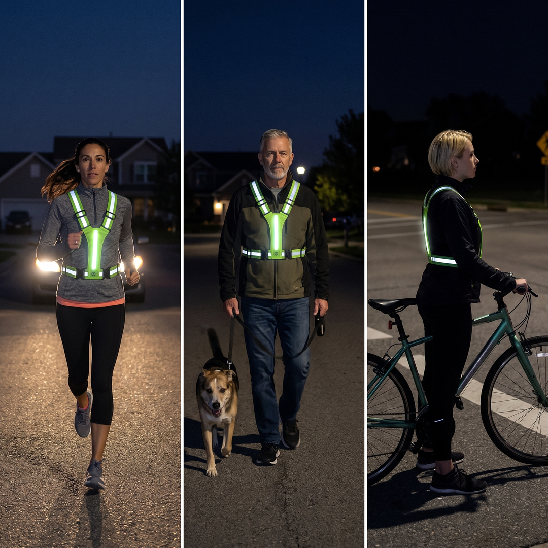 Reflective vest worn by a runner, a dog walker and a cyclist at night