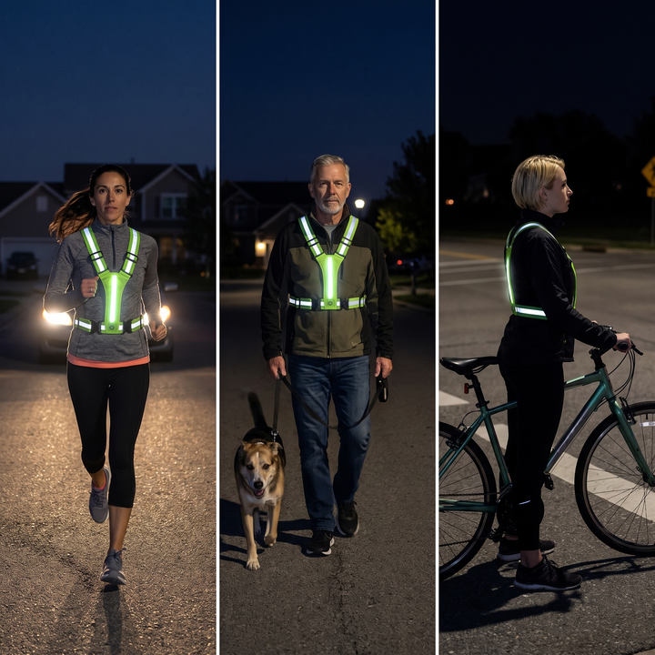 Reflective vest worn by a runner, a dog walker and a cyclist at night