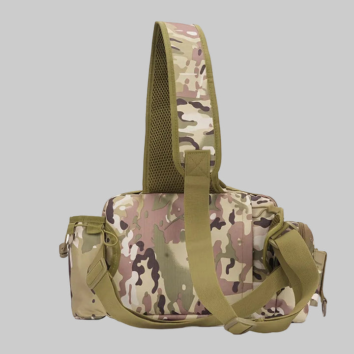 Camouflage-patterned bag with green straps on a white background