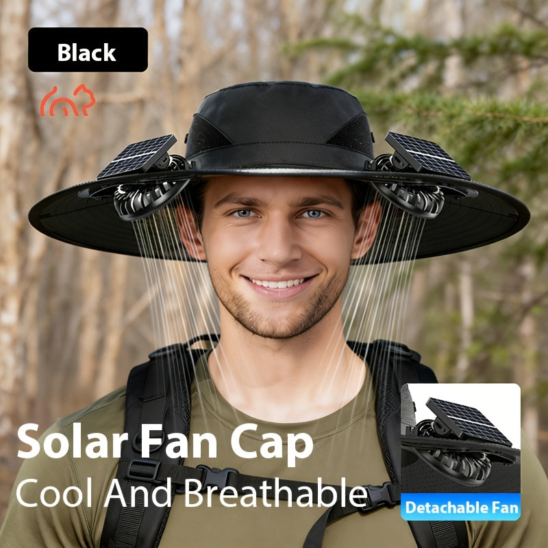 Solar Fan Hat with Dual Fans USB Rechargeable - Wide Brim Cooling Hat for Fishing and Outdoor Use