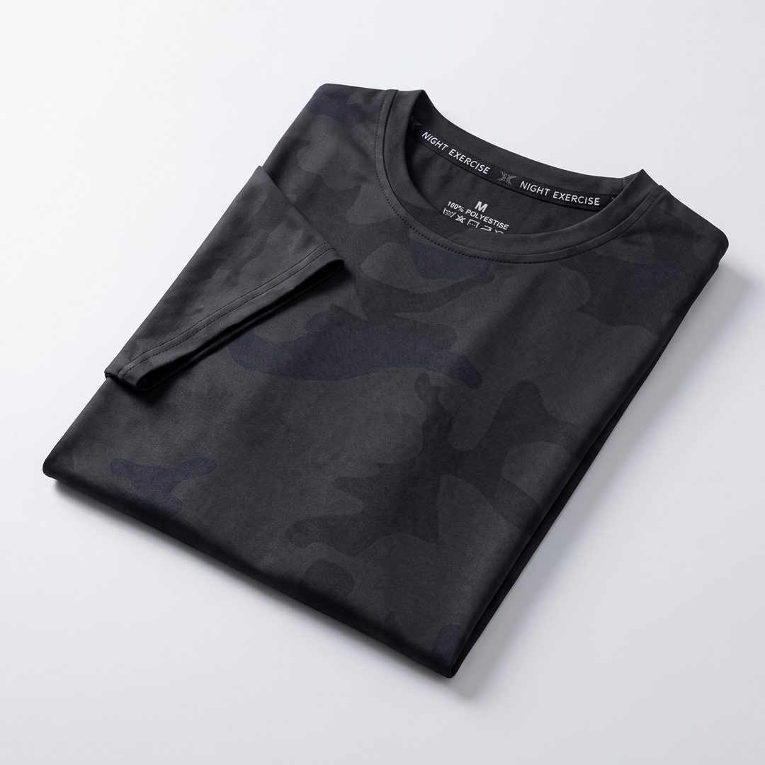 Men's Black Camo T-Shirt folded flat showing the collar label