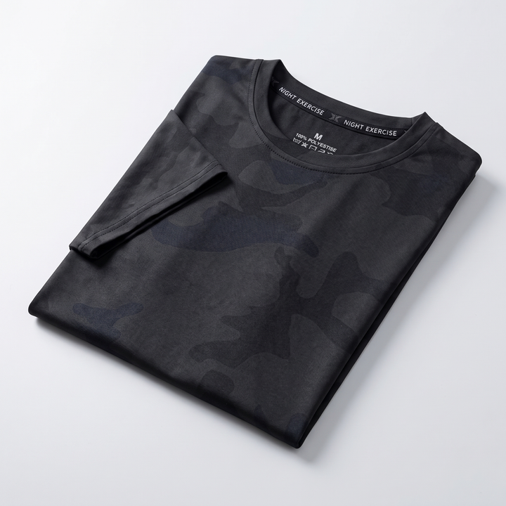 Men's Black Camo T-Shirt folded flat showing the collar label