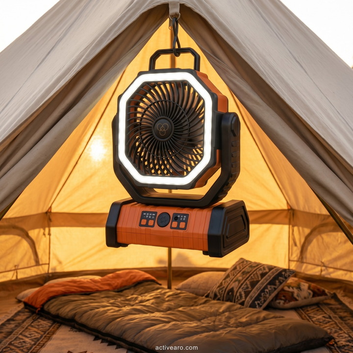 Camping Fan with Light & Power Bank – 3-in-1 Rechargeable Outdoor Fan