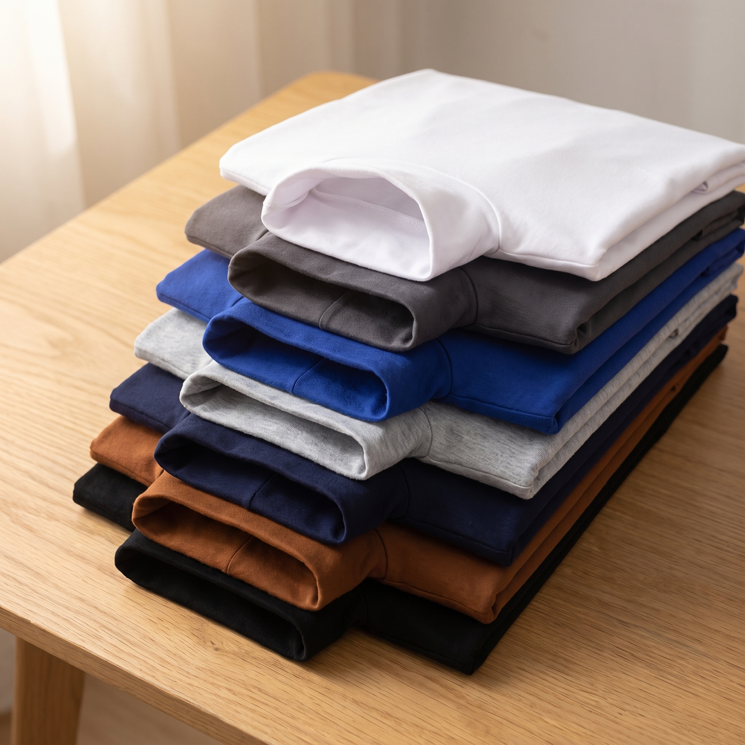 Folded stack of men's turtleneck shirts in several colors
