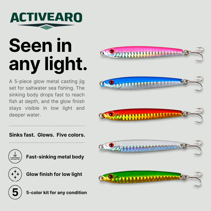 5-Piece Metal Casting Jig Lures – Glow Sinking Baits
