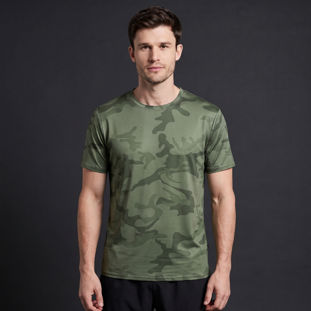 Men's Army Green Camo T-Shirt - confident athletic model direct eye contact editorial