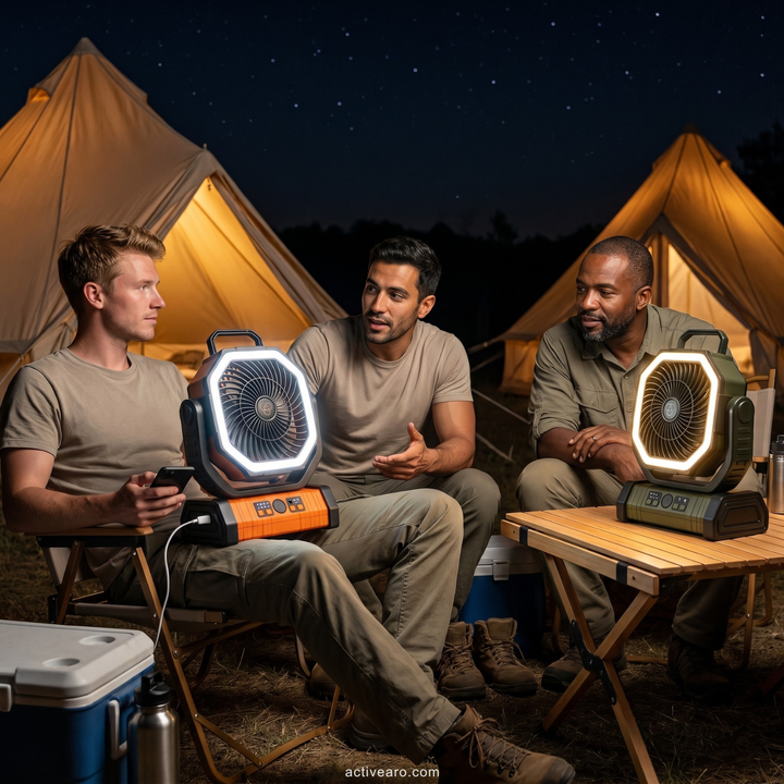 Camping Fan with Light & Power Bank – 3-in-1 Rechargeable Outdoor Fan