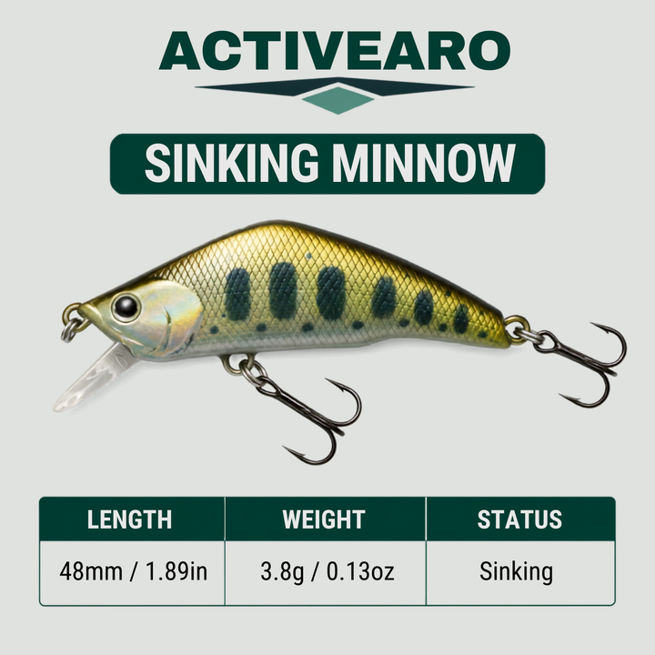 Sinking Minnow Lures - 1.9in Hard Bait Treble Hooks for Bass and Pike