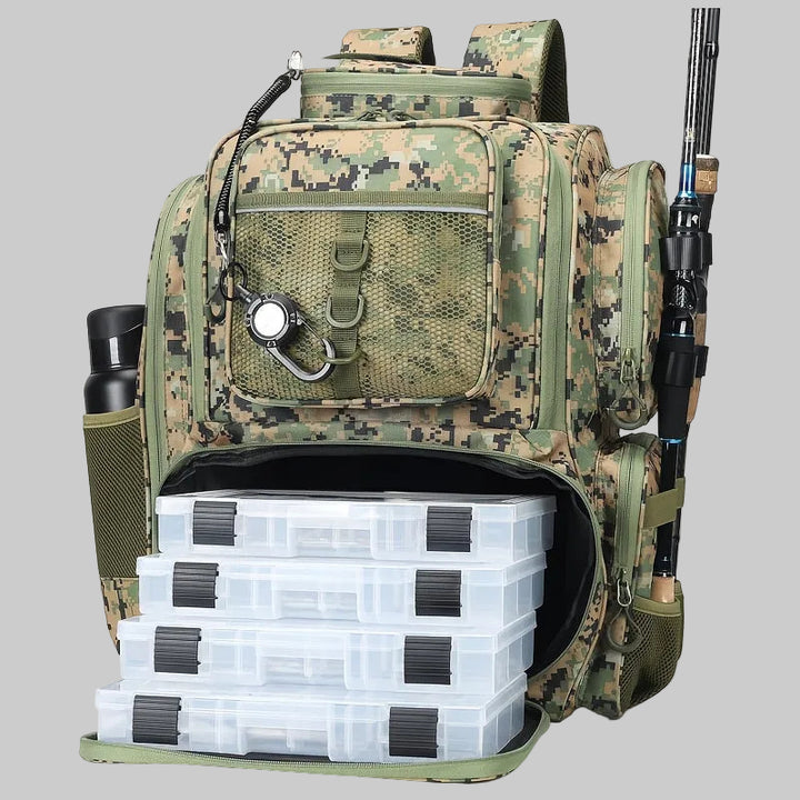 Large Capacity Fishing Tackle Backpack with Rod Holder – Multi-Compartment Outdoor Pack