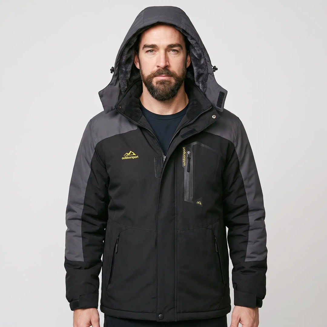 Men's hooded ski jacket in Black/Gray, front view